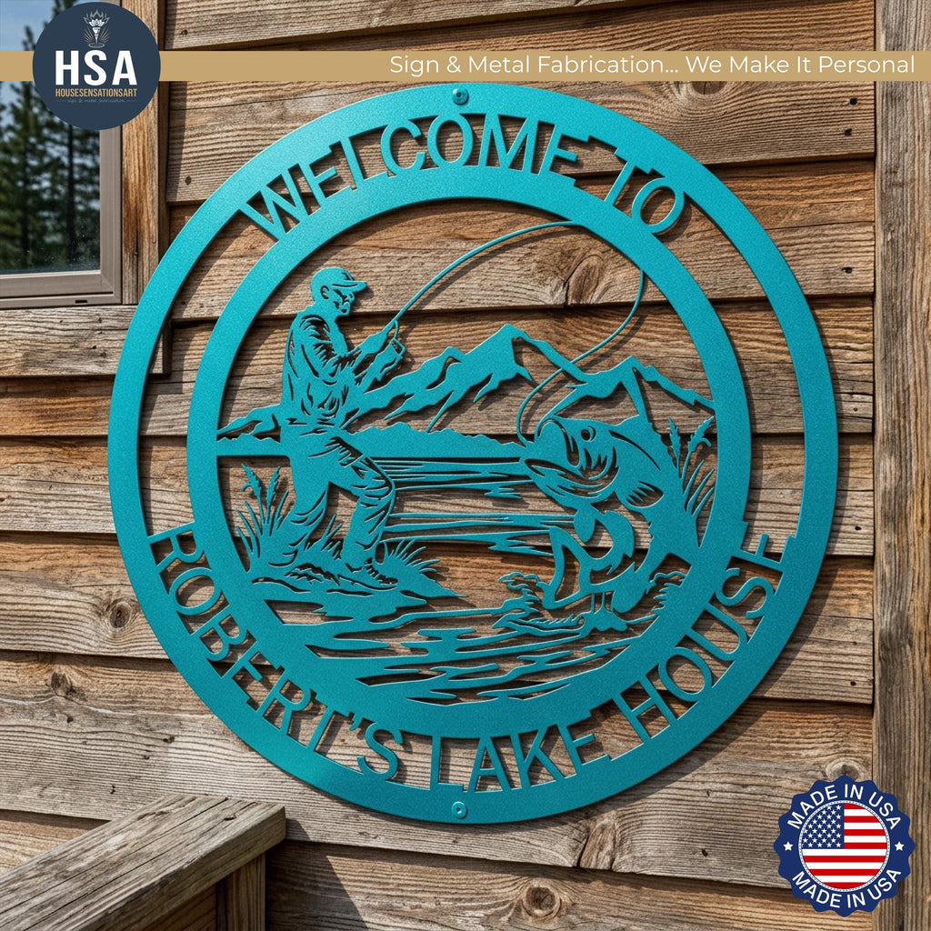 Personalized Fish Custom Name Sign shown in Candy Teal on rustic warm wood outdoor wall