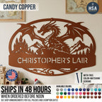 Oval dragon sign with personalized lair name shown in Candy Copper displayed on wall as boy bedroom decor. Ships in 48 hours when ordered before noon making it a fast gift idea for man cave, playhouse door sign, medieval quest party, and more! Comes with free color-matching screws for easy mounting right out of the box!