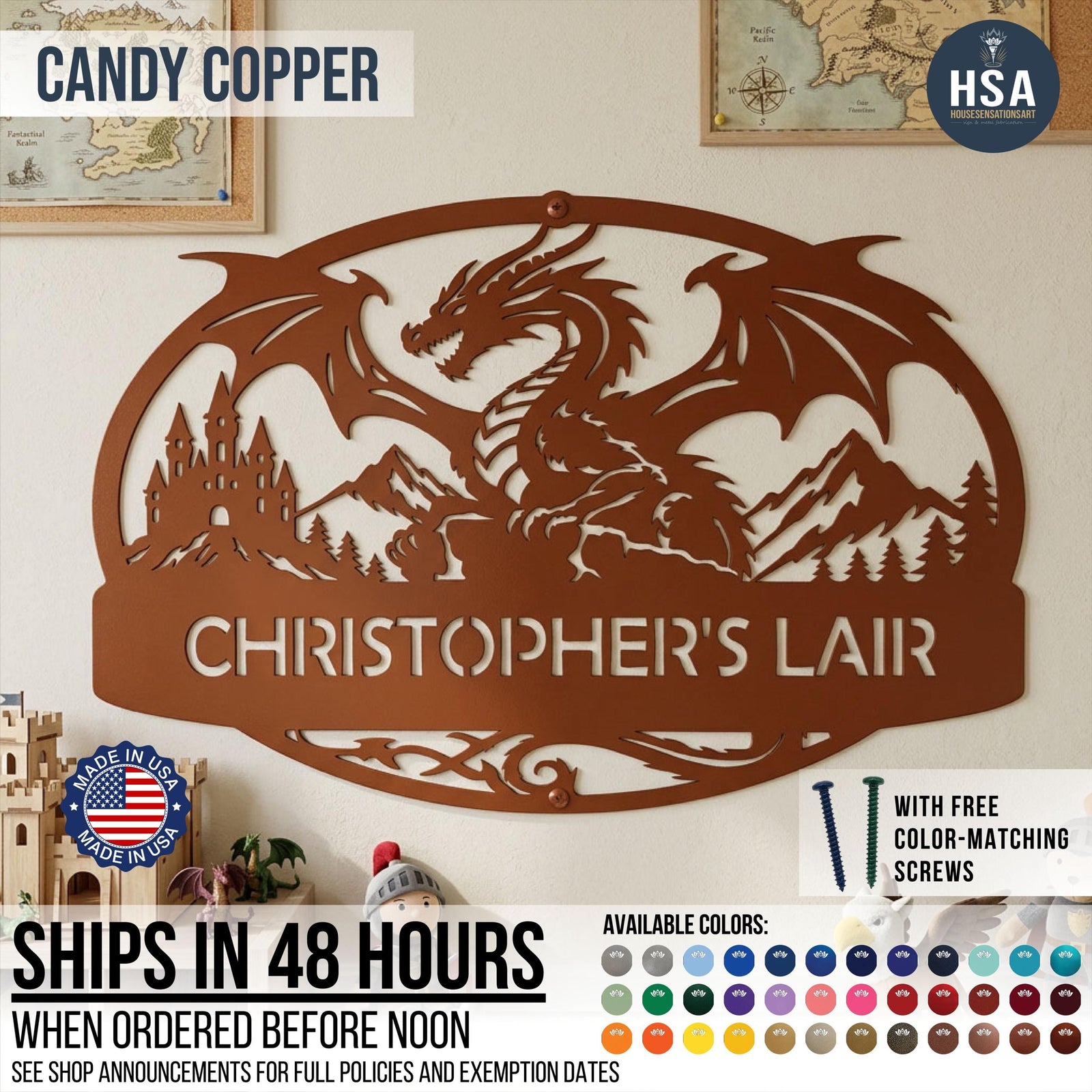 Oval dragon sign with personalized lair name shown in Candy Copper displayed on wall as boy bedroom decor. Ships in 48 hours when ordered before noon making it a fast gift idea for man cave, playhouse door sign, medieval quest party, and more! Comes with free color-matching screws for easy mounting right out of the box!