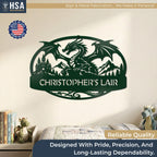 A Bionic Green Custom Metal Sign featuring large bold line dragon, medieval castle, and mountain range landscape. Sign boasts reliable quality & is designed with price, precision, and long-lasting dependability, making it a unique gift for boys of all ages