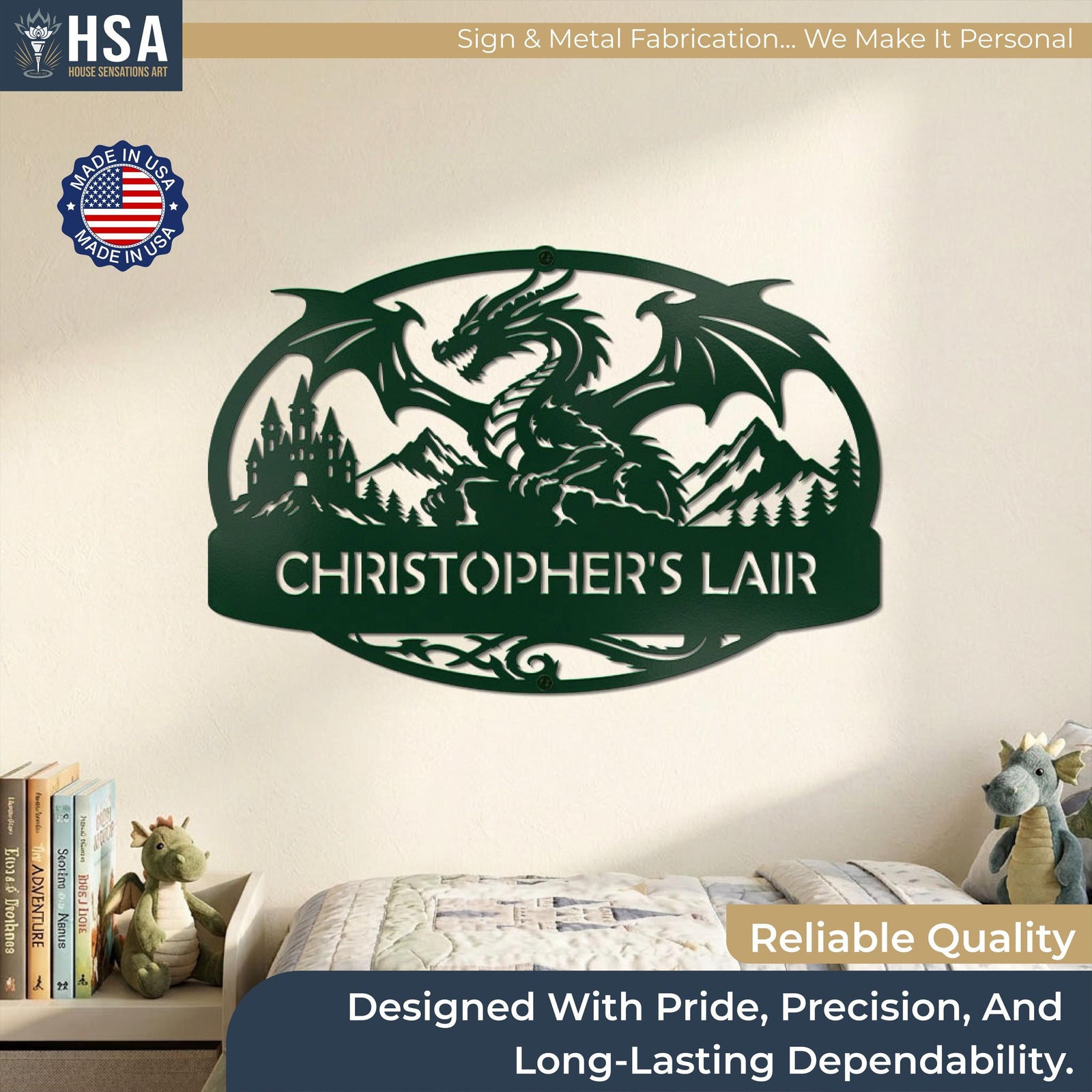 A Bionic Green Custom Metal Sign featuring large bold line dragon, medieval castle, and mountain range landscape. Sign boasts reliable quality & is designed with price, precision, and long-lasting dependability, making it a unique gift for boys of all ages