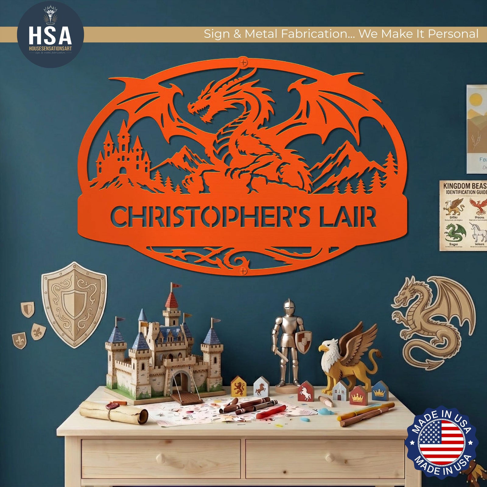 Personalized Dragon Name Plaque: Custom Bold Line Dragons Kids Room Decor - An oval shaped custom metal sign featuring a mythical dragon with wings spread, with medieval castle and scenic mountain background. Features personalized name and is shown in Orange in dragon themed kids bedroom. above castle lego set. and kights display.