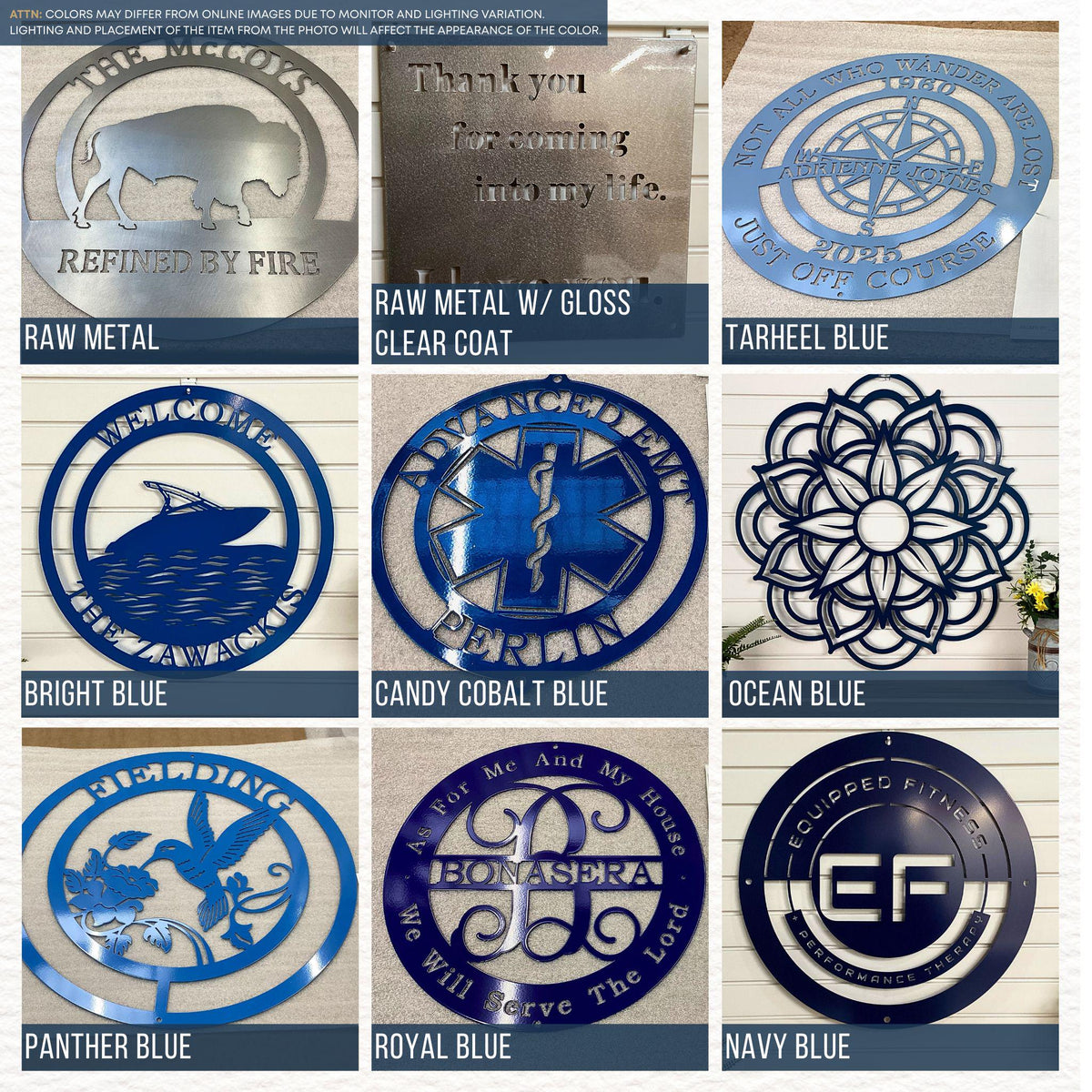 Powder Coating Color Chart featuring options: Raw Metal, Raw Metal with Gloss Clear Coat, Tarheel Blue, Bright Blue, Candy Cobalt Blue, Ocean Blue, Panther Blue, Royal Blue, Navy Blue