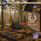 Custom camper sign with name on a rustic cabin wall; mountain home decor camping wall decor with tent and campfire.