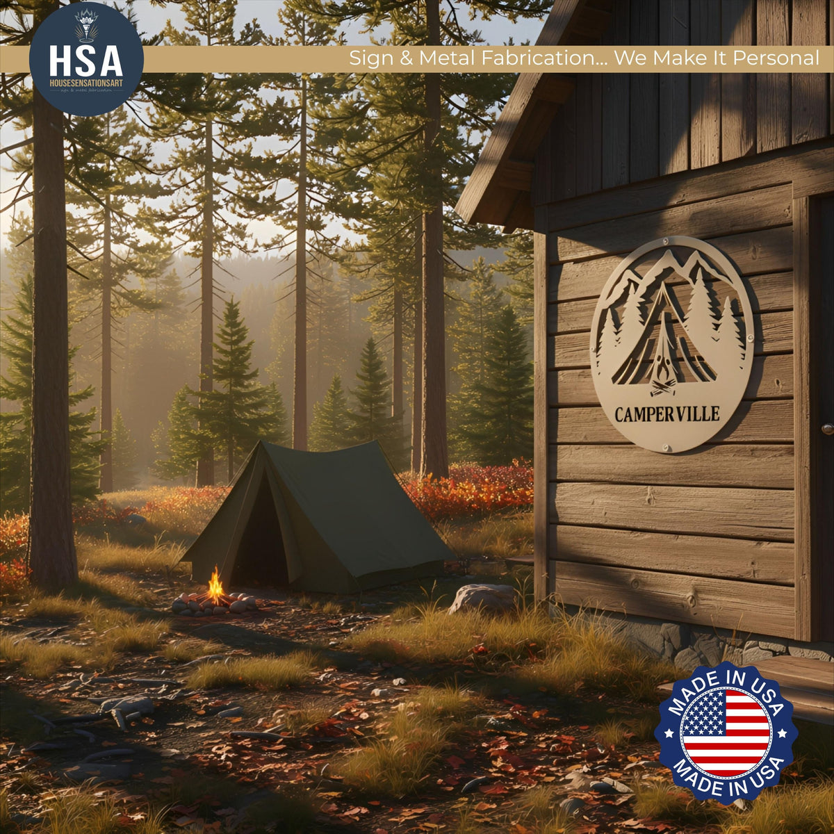 Custom camper sign with name on a rustic cabin wall; mountain home decor camping wall decor with tent and campfire.