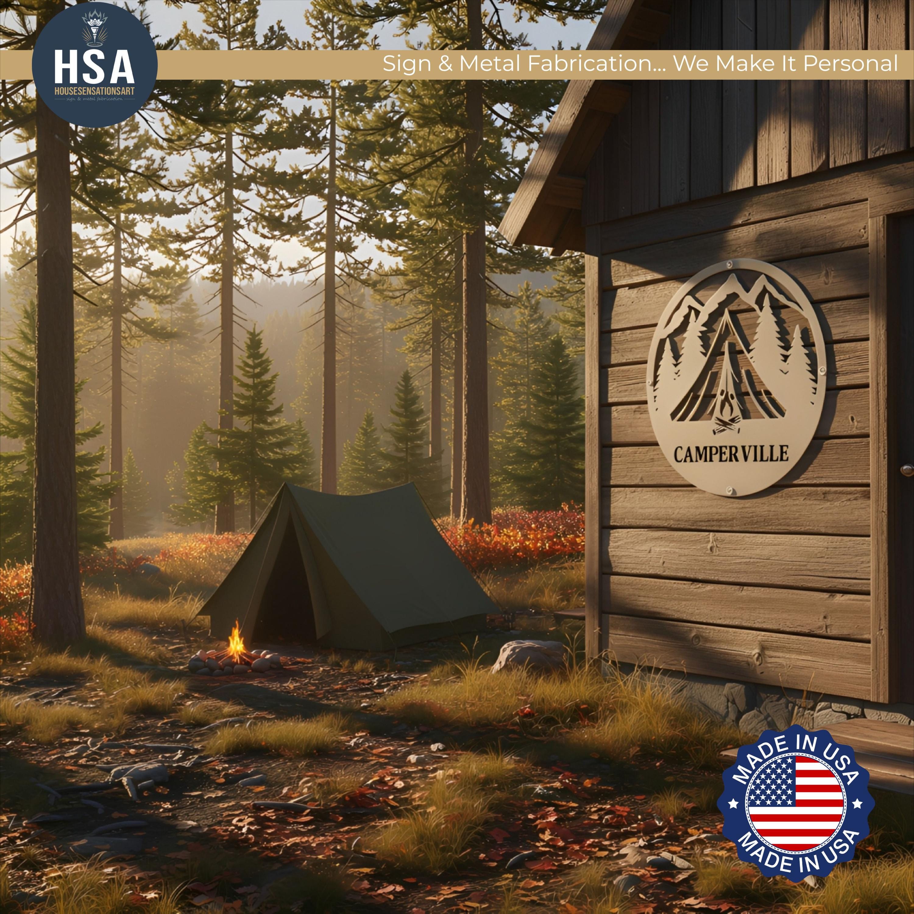 Custom camper sign with name on a rustic cabin wall; mountain home decor camping wall decor with tent and campfire.