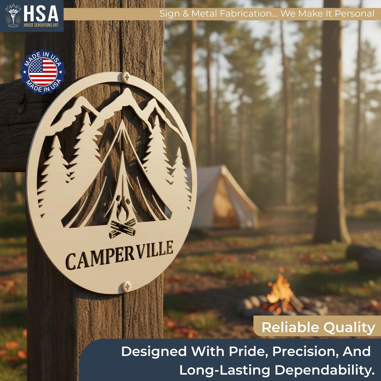 Round metal custom camper sign with mountain and pine tree cutouts, reads CAMPER VILLE, mounted on a post at a sunlit campsite.