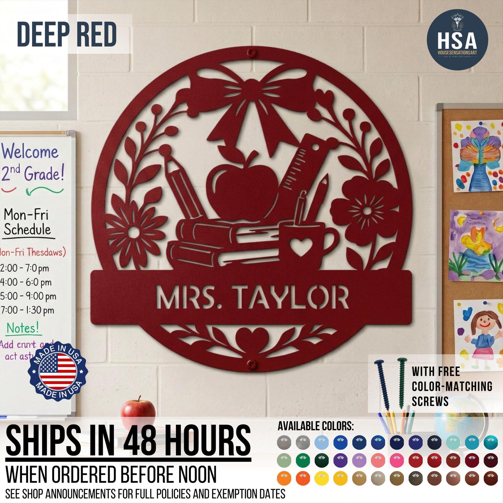 Introducing the Personalized Teacher Name Classroom Sign - a round custom metal sign shown in Deep Red displayed on a classroom wall. Features a beautiful collage of schoolbooks, teacher's apple, ruler, pencil in coffee mug, and ornate bow & flower, with personalized name plaque across the lower half. Featured photo reads Mrs. Taylor. Sign comes with color-matching screws and is available in more than 50 color finishes