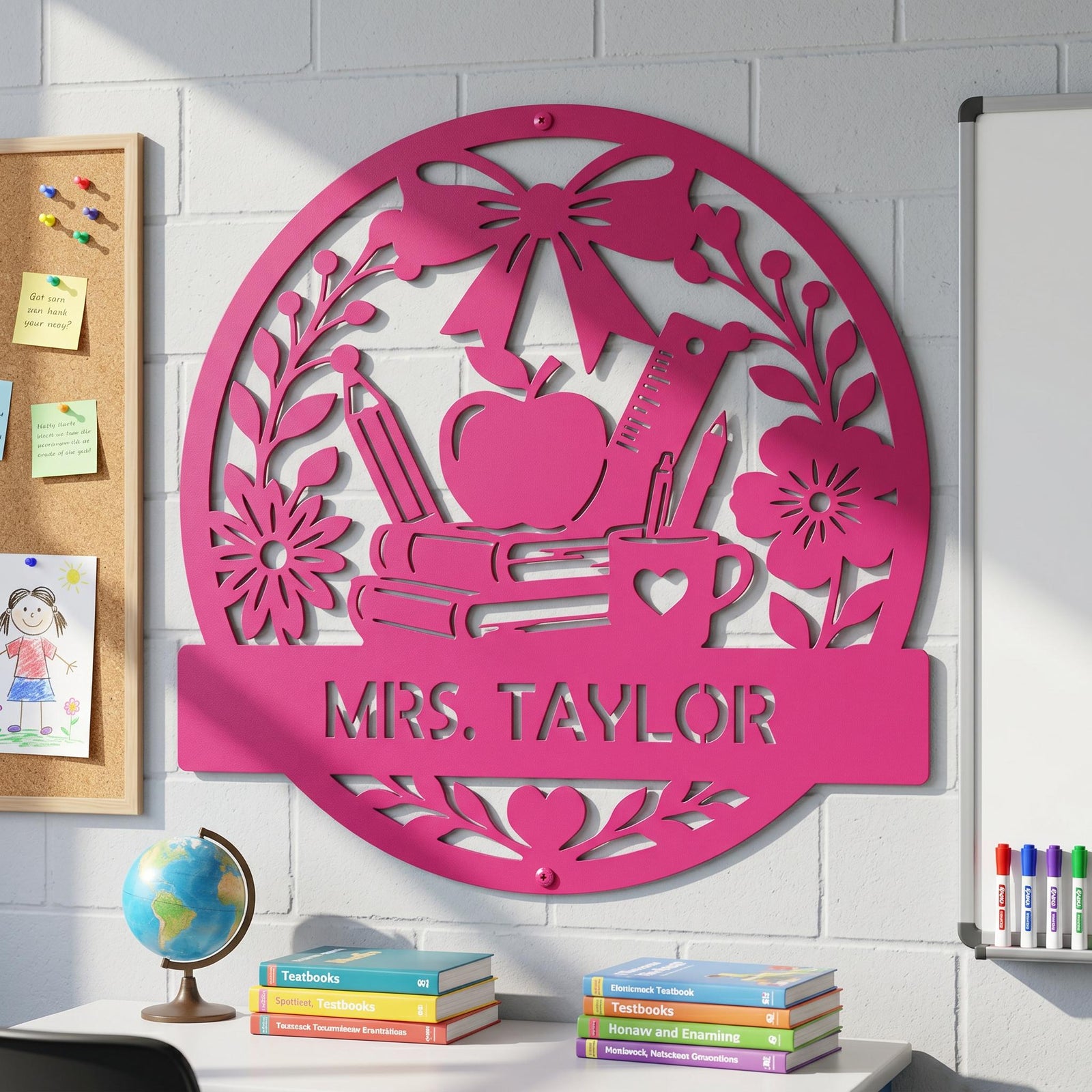 Personalized Teacher Name Classroom Sign shown in Sassy Pink featuring classic school items like books, an apple, and school supplies, surrounded by floral accents and a decorative bow, with customizable text for  personalization.  : End of School Year Teacher Appreciation Gifts, Metal Teacher Door Sign