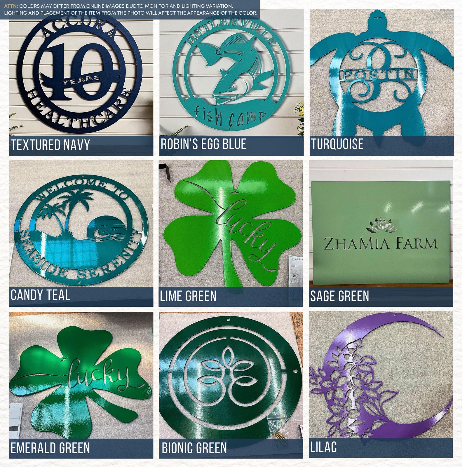 Powder Coating Color Chart - Options include: Textured Navy, Robin's Egg Blue, Turquoise, Candy Teal, Lime Green, Sage Green, Emerald Green, Bionic Green, Lilac