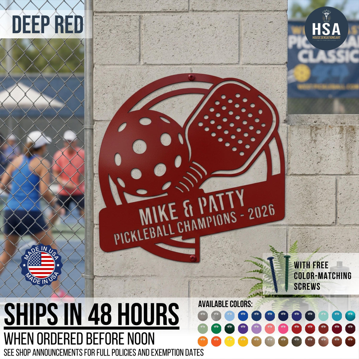 Introducing HouseSensationsArt's Pickleball Paddle Custom Metal Sign. A red free-frame shaped sign featuring a detailed pickleball paddle and pickleball ball graphic with horizontal  name plaque for personalization. Featuried sign is shown in Deep Red with the names MIKE & PATTY. Available in more than 50 colors, and included color matching screws for easy mounting.