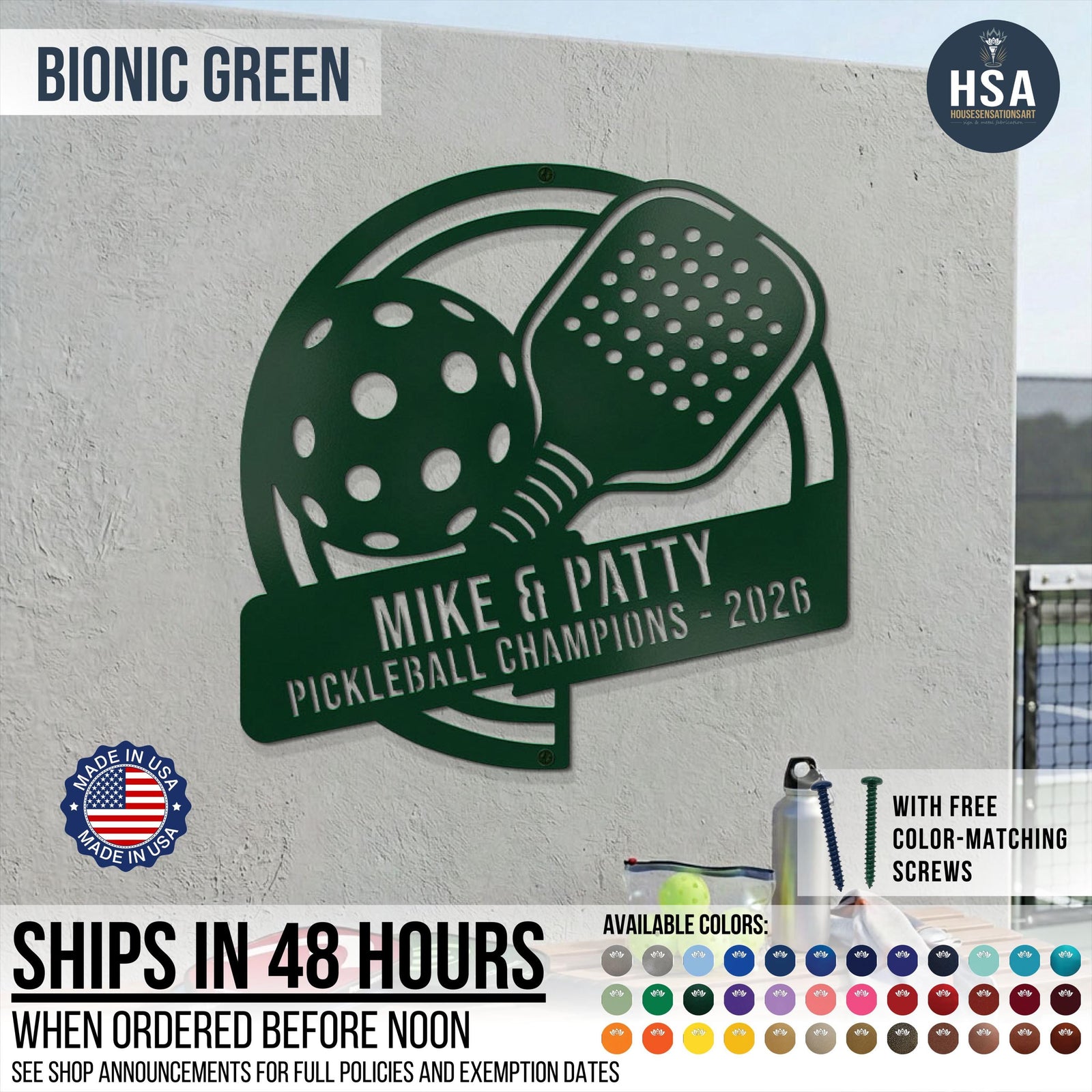 Introducing HouseSensationsArt 's Pickleball Paddle Custom Metal Sign. A unique & creative sign featuring a pickleball paddle and pickleball ball graphic with horizontal name plaque for personalization. Pictured sign is shown in Bionic Green & reads MIKE & PATTY, Pickleball Champions 2026. Available in more than 50 colors, and included color matching screws for easy mounting. Ships in 48 hours when ordered before noon.
