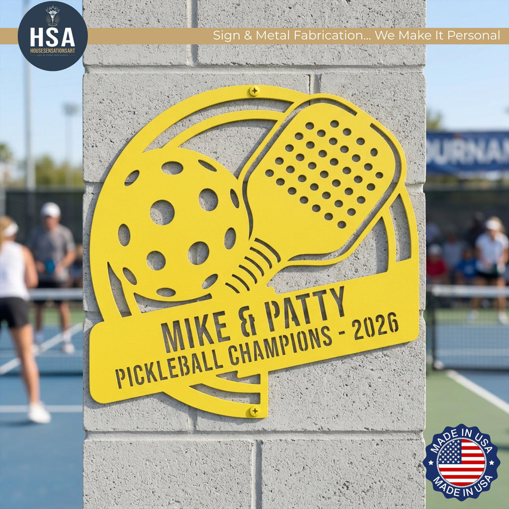 Pickleball Paddle sign features a detailed pickleball paddle with ball illustrator plus athlete's personalized name plaque, perfect for rec center decor, clubhouse custom name sign, or funny retirement gifts. Sign is shown in spring yellow on outdoor wall at pickleball court