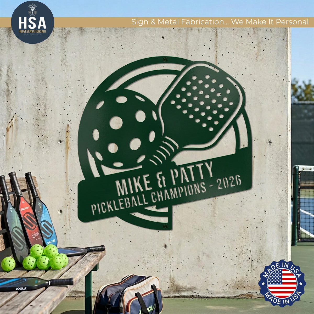 Large outdoor pickleball paddle sign shown on outdoor concrete wall, perfect for any pickleball couple. Pictured example is shown in Bionic Green in the 48" x 48" size.