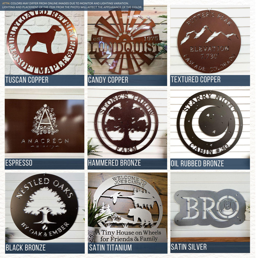 Powder Coating Color Chart Options include: Tuscan Copper, Candy Copper, Textured Copper, Espresso, Hammered Bronze, Oil Rubbed Bronze, Black Bronze, Satin Titanium, Satin Silver