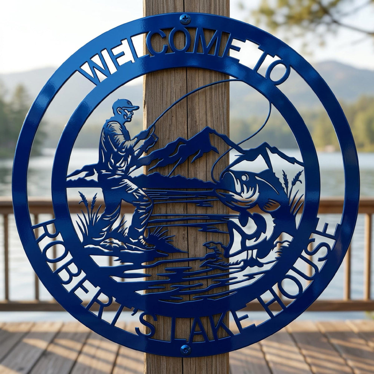 Introducing HSA's Pro Angler Custom Metal Sign - a round metal sign featuring a dynamic fishing scene showcasing a fisherman in action, casting his line as a large fish leaps from the water, creating a strong sense of movement and excitement. This circular sign is shown in Candy Cobalt Blue and is mounted on a wooden pole outside of a lake house with beautiful lake background.