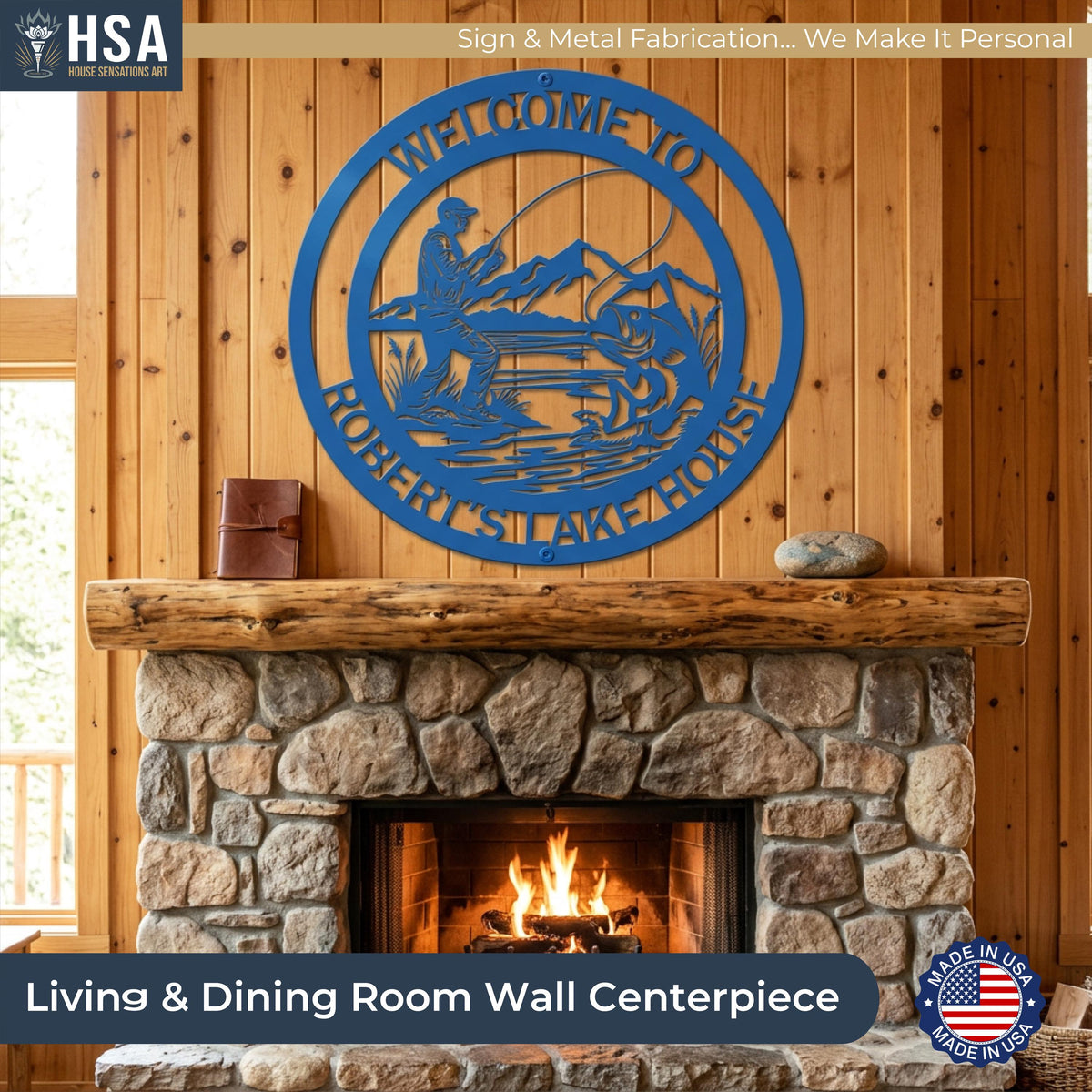 Personalized Fishermans Custom Name Sign is shown in Panther Blue in rustic man cave living room over fireplace. This freshwater fish art is the perfect accent piece for mountain and lake cabins.