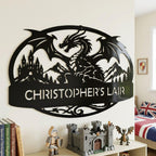 Personalized Dragon Name Plaque: Custom Bold Line Dragons Playhouse Door Sign & Kids Room Decor - An oval shaped custom metal sign featuring a mythical dragon with wings spread, with medieval castle and scenic mountain background. Features personalized name. and is shown in Gloss Black in dragon themed kids bedroom. above castle lego set.