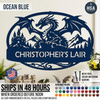 Personalized Dragon Name Plaque shown in Ocean Blue as kids room decor. Ships in 48 hours when ordered before noon making it a fast gift idea especially for men of all ages - boys to teen boys to men who love dragons. Comes with free color-matching screws for easy mounting right out of the box!