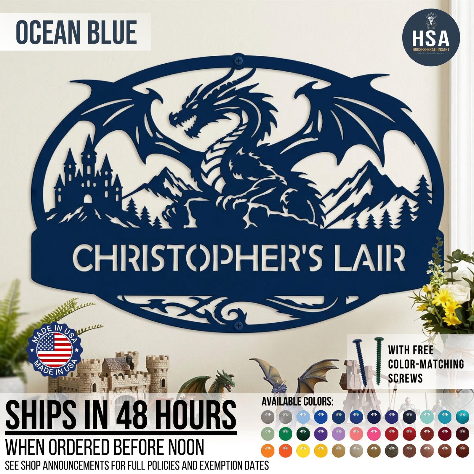 Personalized Dragon Name Plaque shown in Ocean Blue as kids room decor. Ships in 48 hours when ordered before noon making it a fast gift idea especially for men of all ages - boys to teen boys to men who love dragons. Comes with free color-matching screws for easy mounting right out of the box!
