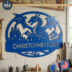 Personalized Lair Oval Dragon Sign shown in Bright Blue on medieval themed wall makes the perfect wall accent piece for any castle fortress kids playroom or bedroom. Mount as wall decor or hang on the door for the perfect playhouse door sign. Comes with custom text of your choice.
