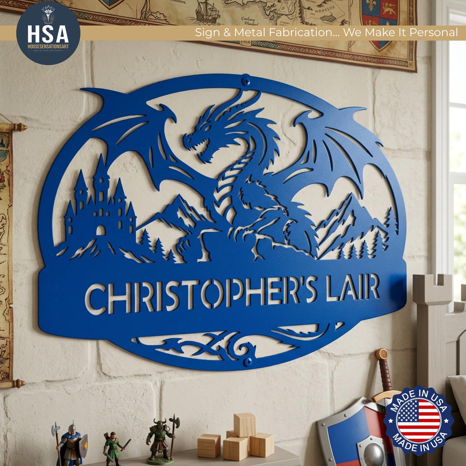 Personalized Lair Oval Dragon Sign shown in Bright Blue on medieval themed wall makes the perfect wall accent piece for any castle fortress kids playroom or bedroom. Mount as wall decor or hang on the door for the perfect playhouse door sign. Comes with custom text of your choice.