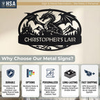 Why Choose Our Custom Metal Signs? HSA's signs are DURABLE, available in MULTIPLE SIZES & 50+ COLOR OPTIONS, PERSONALIZED with your custom name or custom slogan, LONG-LASTING, and come with FAST SHIPPING.