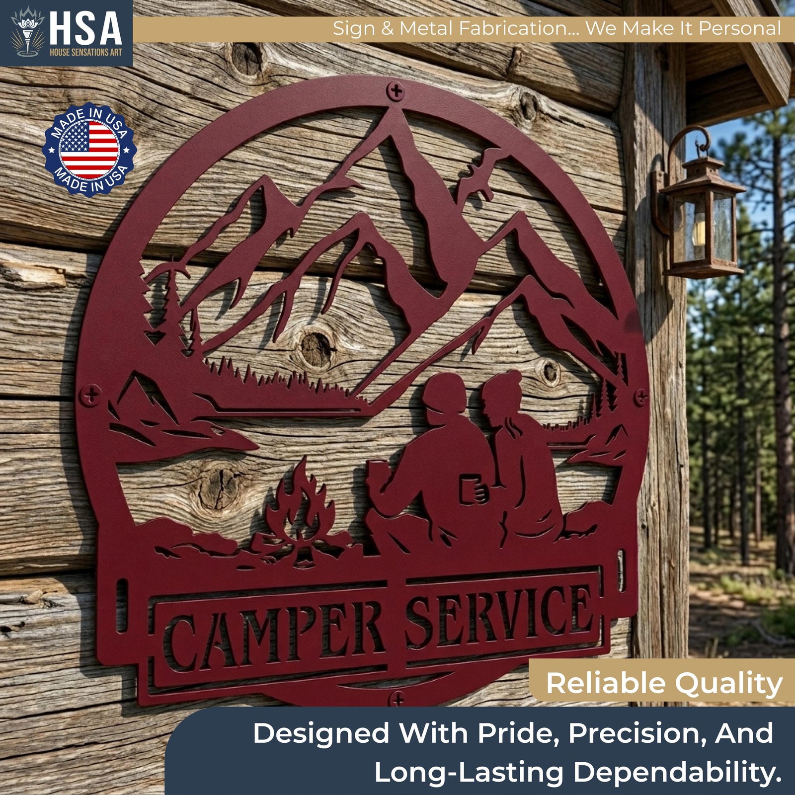 Custom round burgundy metal camper sign showing mountains, a campfire couple, with CAMPER SERVICE, RV outdoor decor.