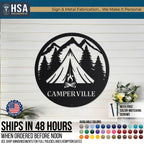 Custom CamperVille round metal camper sign: mountains, pines, and a central tent; camping wall decor.