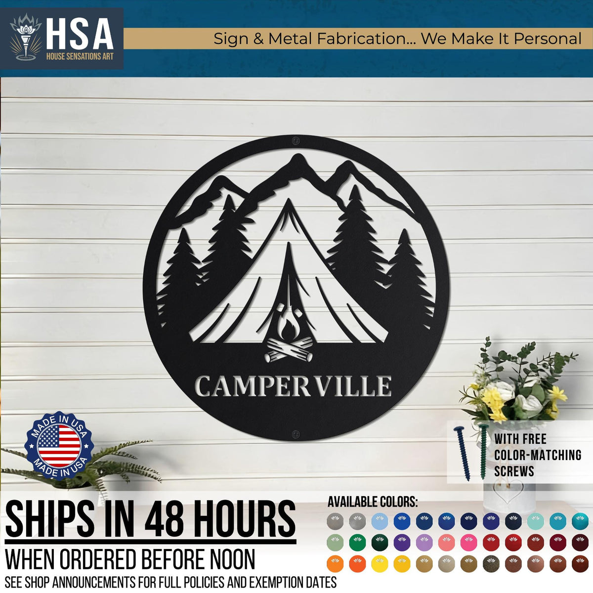 Custom CamperVille round metal camper sign: mountains, pines, and a central tent; camping wall decor.