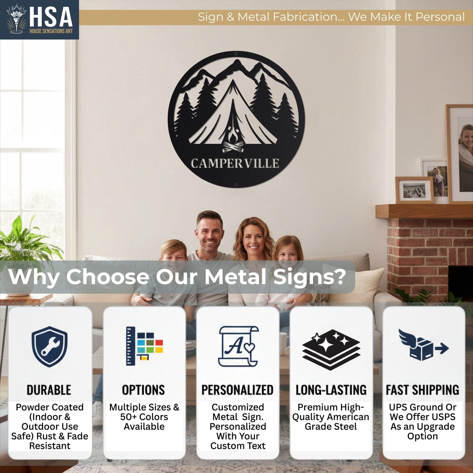 Why Choose Our Metal Signs? Our signs are Durable, featuring a powder-coated finish for indoor and outdoor use that is rust and fade resistant. We offer numerous Options with multiple sizes and over 50 colors available. Each piece is Personalized, allowing for a customized metal sign with your own custom text. They are Long-Lasting and crafted from premium high-quality American grade steel. Finally, we provide Fast Shipping via UPS Ground, with USPS available as an upgrade option.