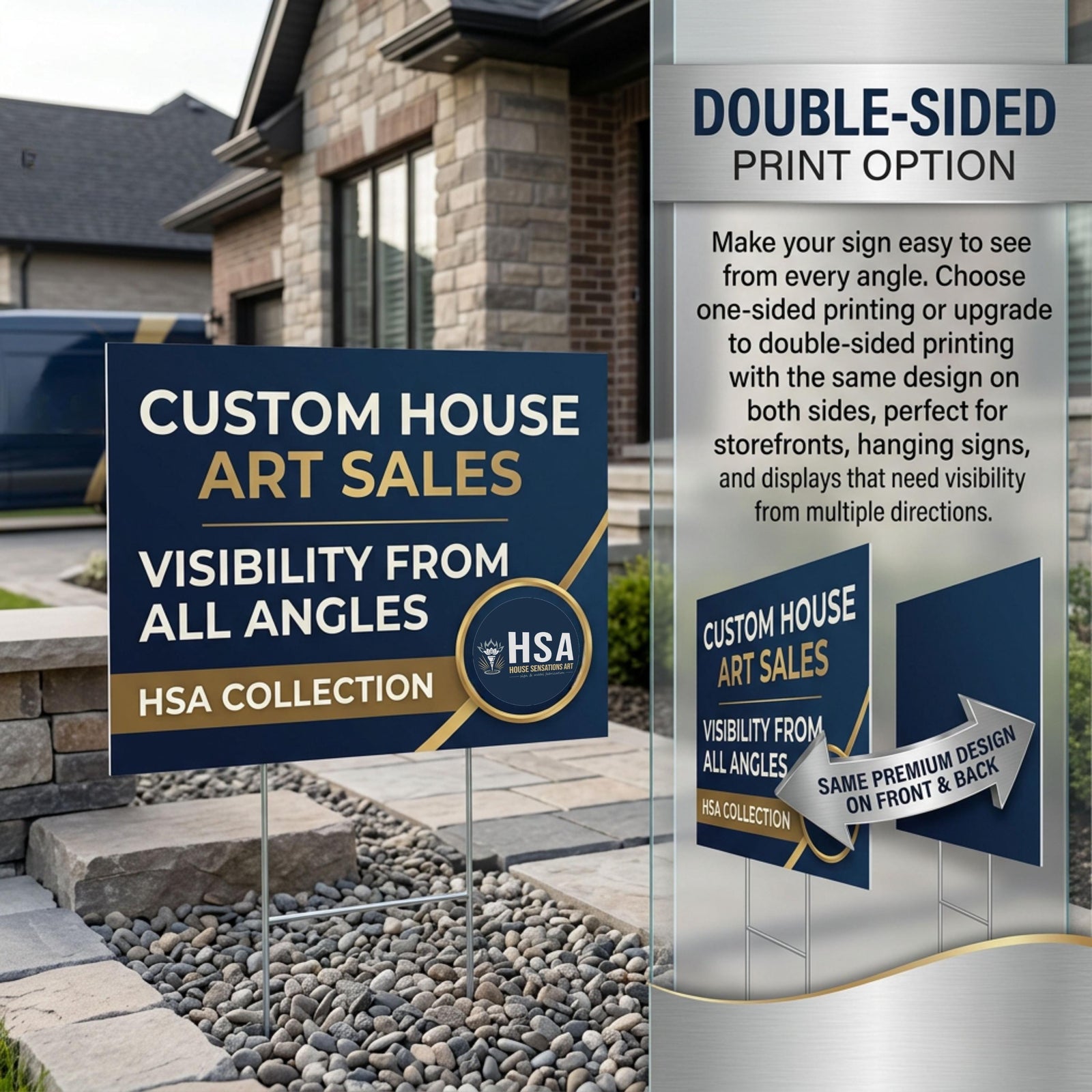 Custom yard sign on white coroplast for outdoor lawn sign advertising; bold 'YARD SIGN' headline, business yard sign with H-stake.