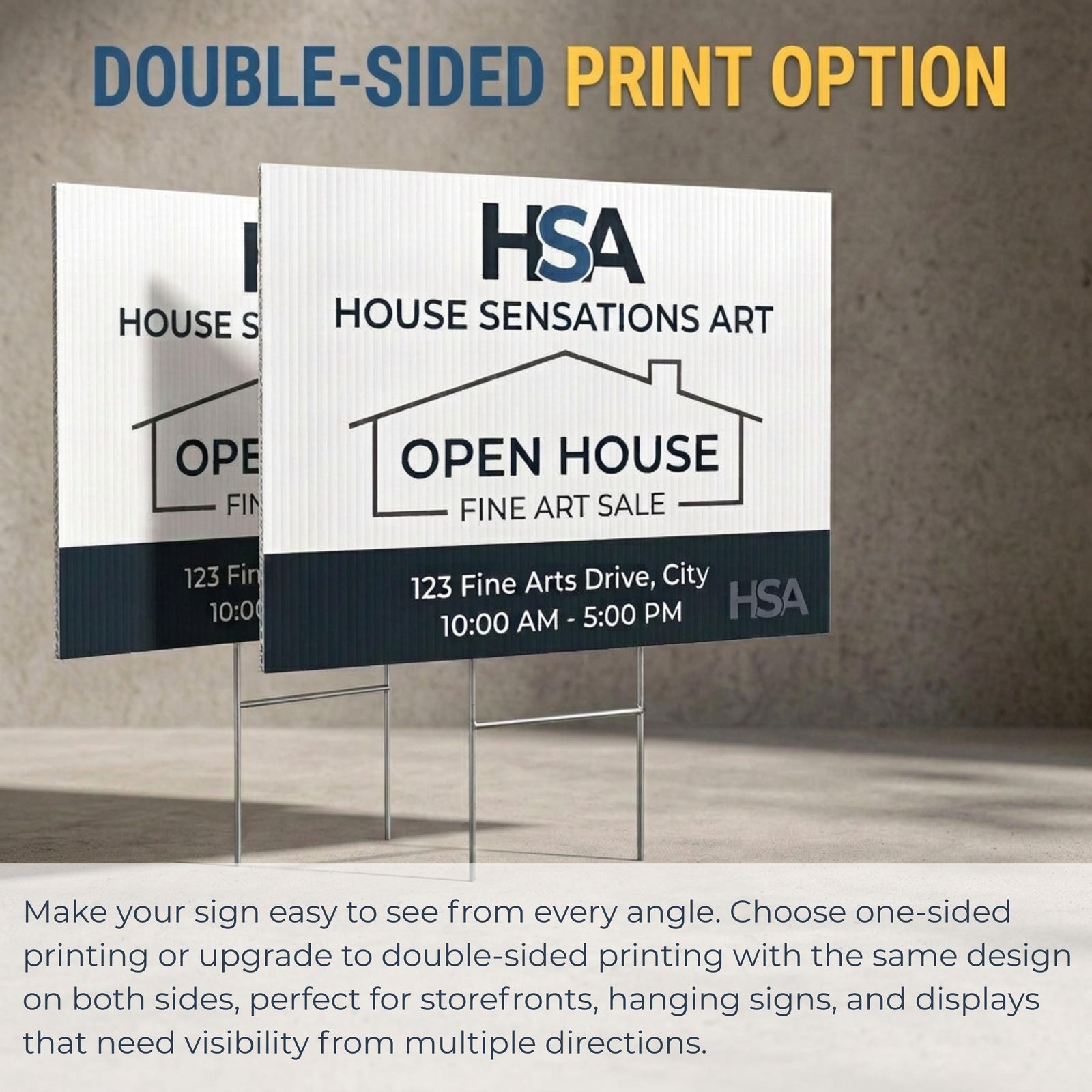 Custom yard sign on white coroplast for outdoor lawn sign advertising; bold 'YARD SIGN' headline, business yard sign with H-stake.