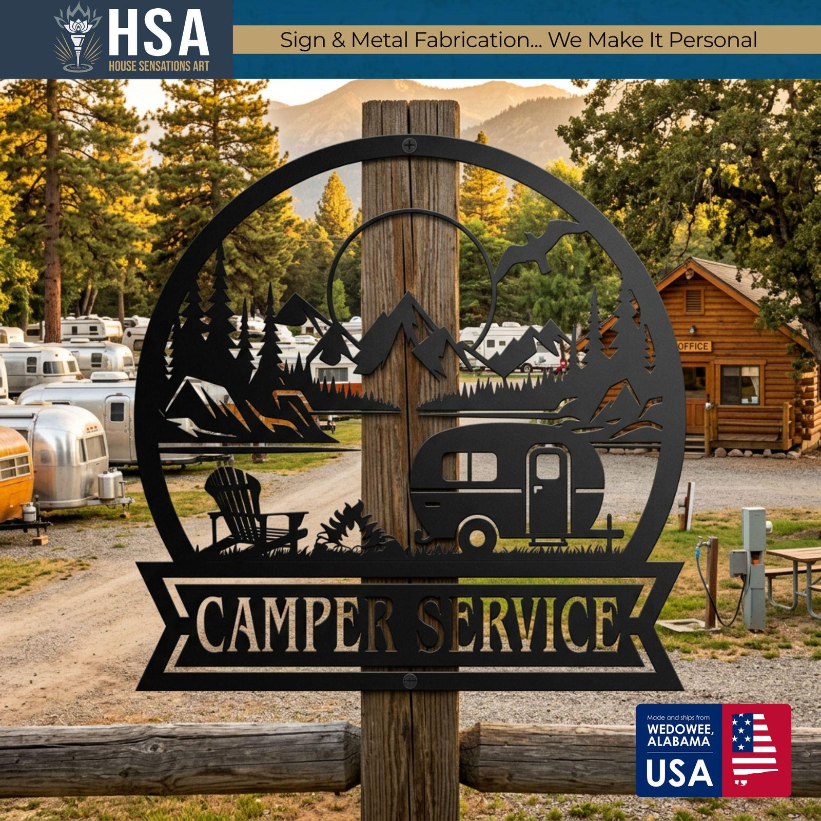 Personalized campsite metal sign showing camper and mountain silhouette inside a circular frame, mounted on a wooden post.