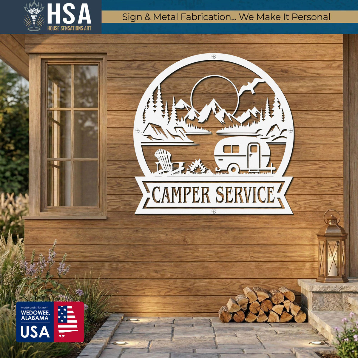 Personalized campsite metal sign with camper and mountain scene; round RV campsite sign with trees, sun, and 'CAMPER SERVICE' banner.