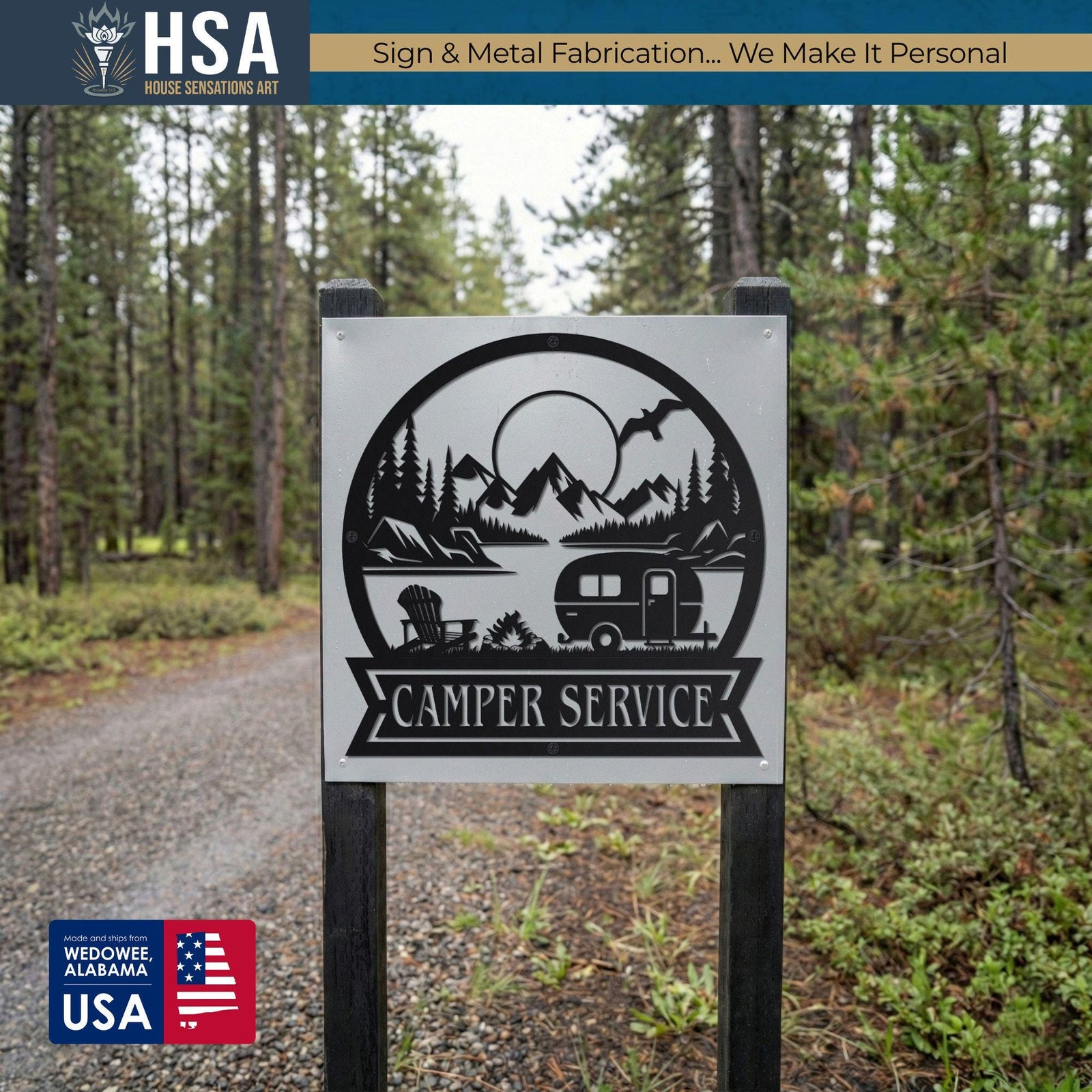 Personalized campsite metal sign with camper and mountain scene; circular design, trees, lake, RV, CAMPER SERVICE.