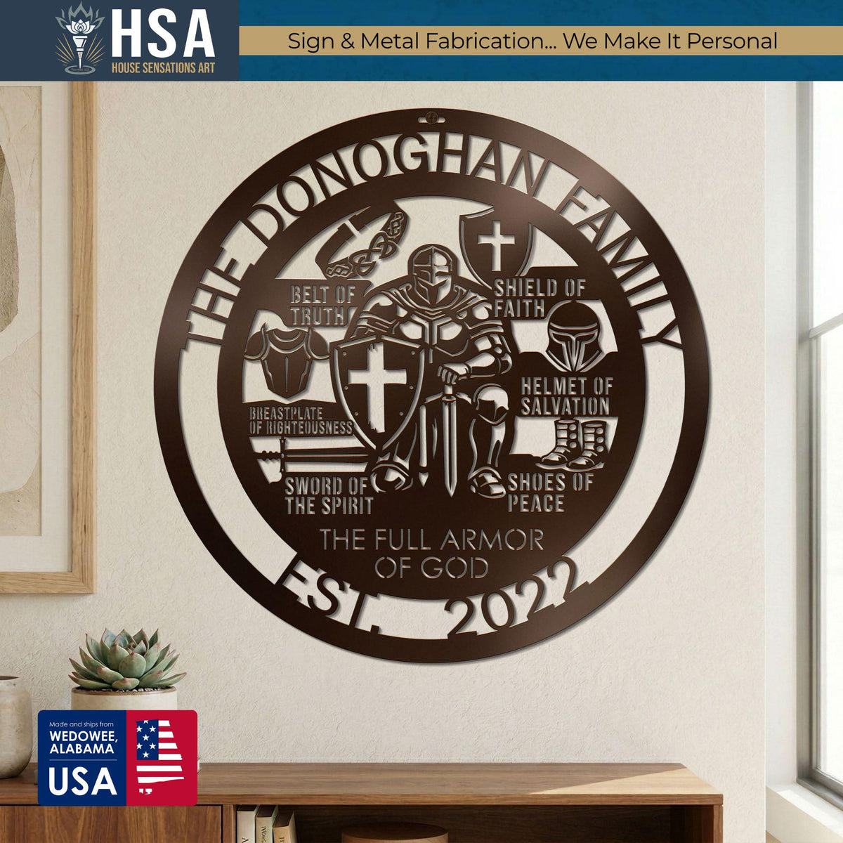 Personalized round metal Armor of God family name sign in dark bronze; Christian wall art for entryway, hallway, or living room decor.