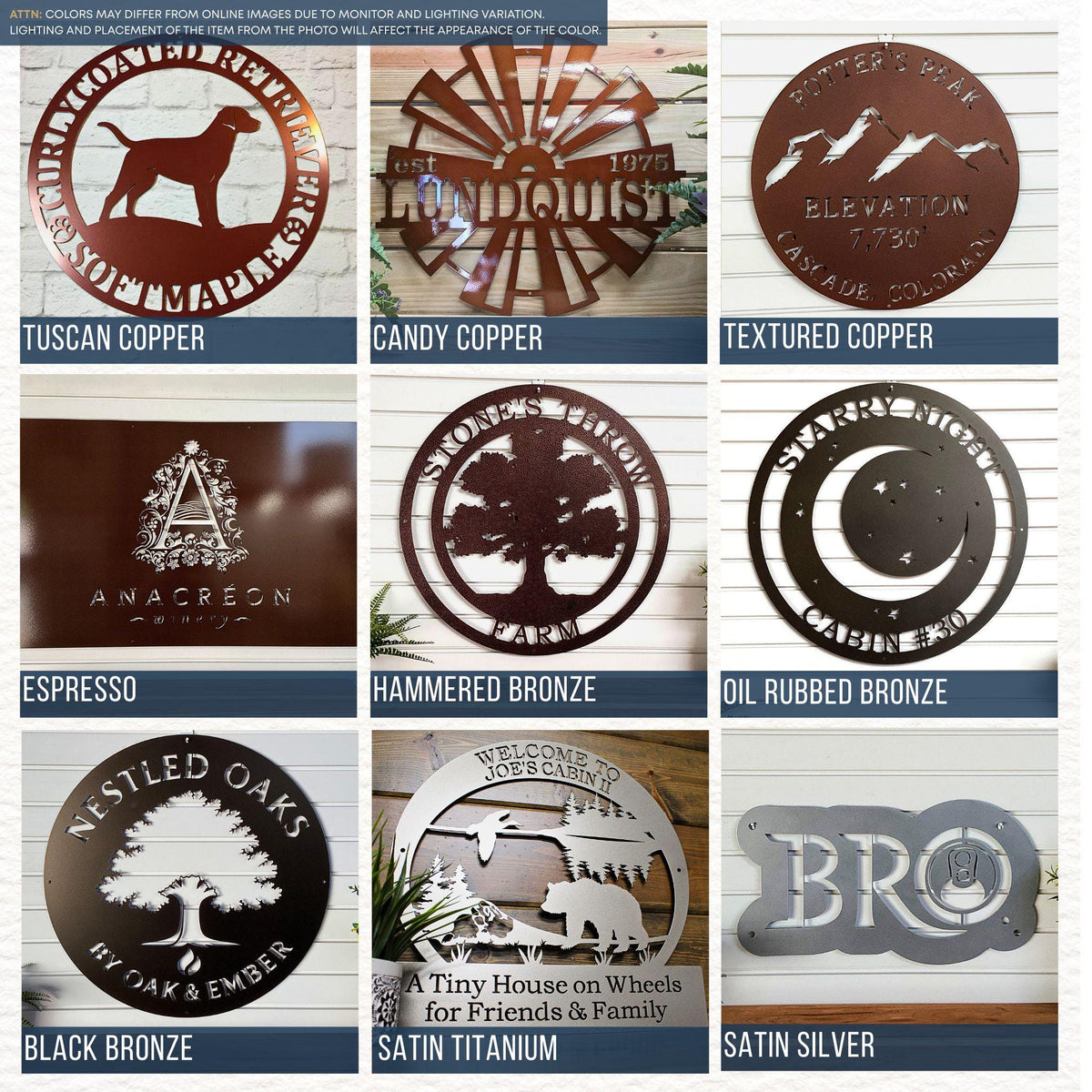 9-panel finish and color chart for custom metal signs featuring earthy and metallic tones. Top row includes Tuscan Copper dog-themed sign, Candy Copper personalized windmill sign, and Textured Copper mountain elevation sign. Middle row shows Espresso logo plaque, Hammered Bronze tree farm sign, and Oil Rubbed Bronze moon-and-stars camping sign. Bottom row features Black Bronze oak tree sign, Satin Titanium cabin and bear welcome sign, and Satin Silver monogram plaque.