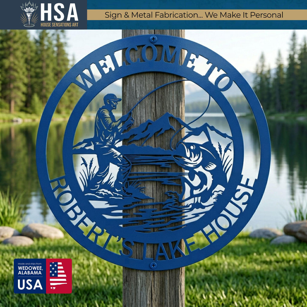 Personalized metal sign: blue circular silhouette of a fisherman casting by a lake, mounted on a post for lake house decor.