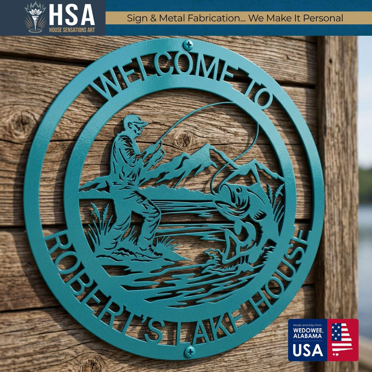 Round teal personalized custom metal sign featuring a fisherman casting over water; lake house entryway decor.