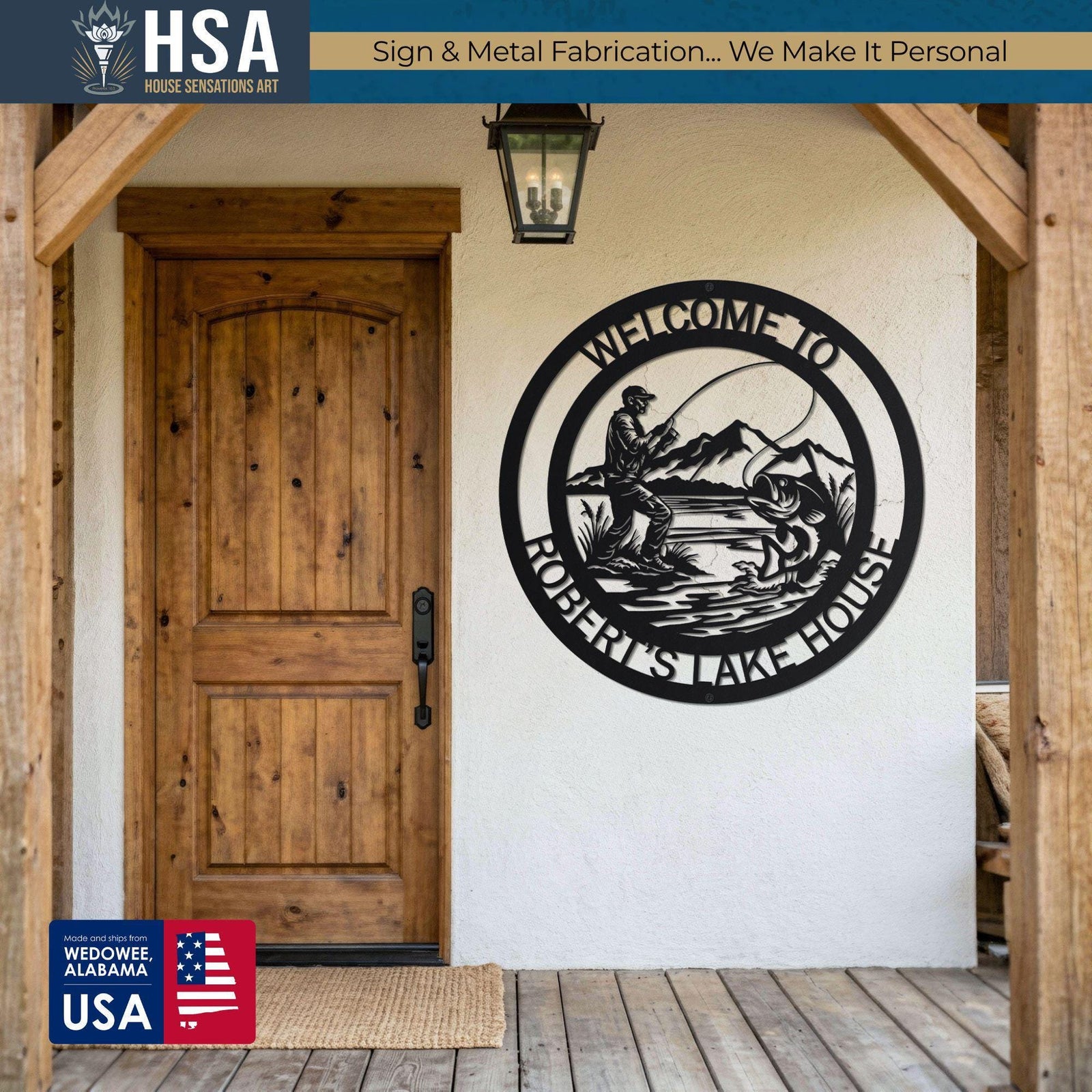 Personalized metal sign: fisherman casting on a lake scene, circular frame mounted by a wooden entry door, entryway sign.
