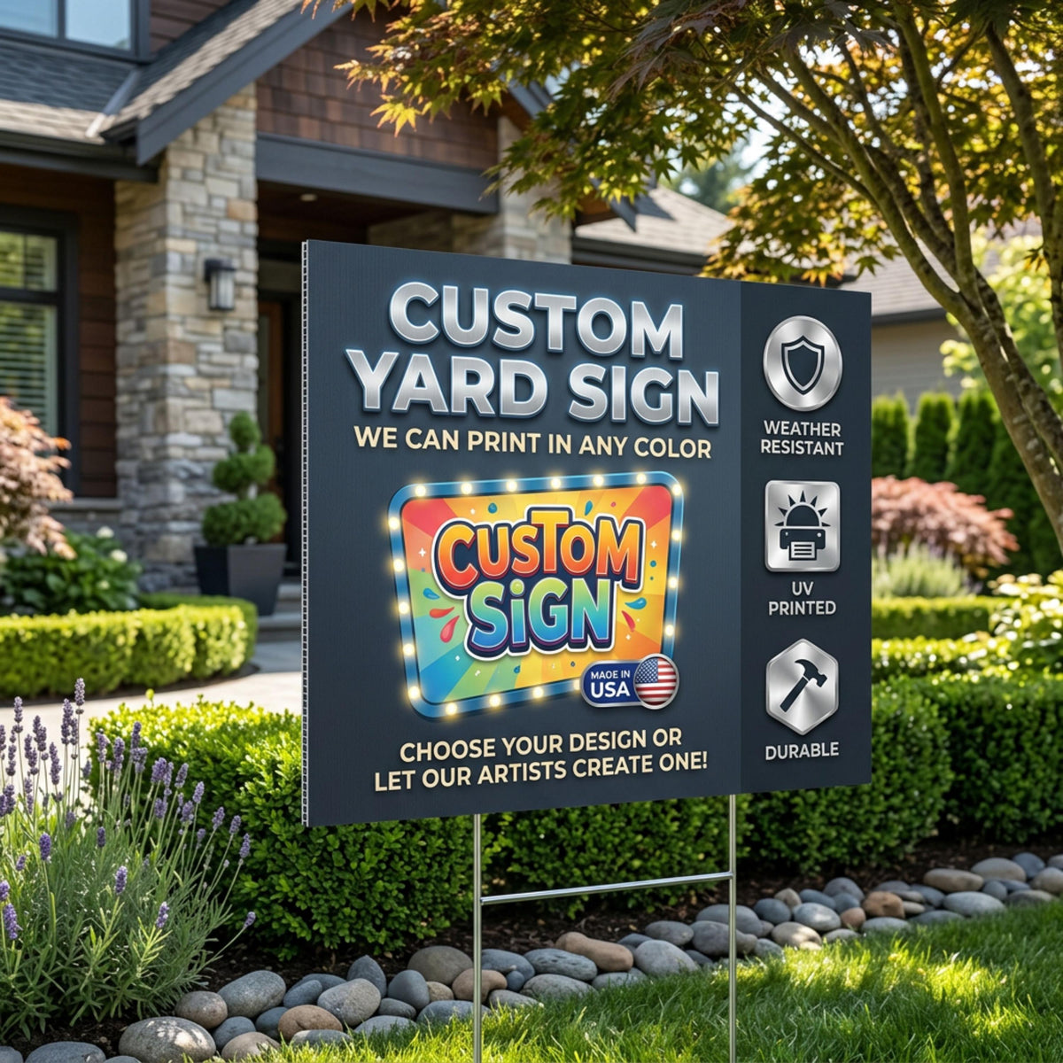 Custom yard sign on white coroplast for outdoor lawn sign advertising; bold 'YARD SIGN' headline, business yard sign with H-stake.