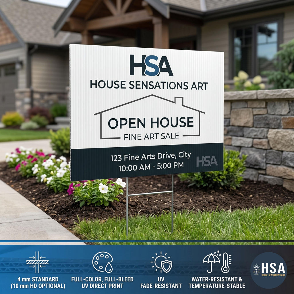 Custom yard sign on white coroplast for outdoor lawn sign advertising; bold 'YARD SIGN' headline, business yard sign with H-stake.