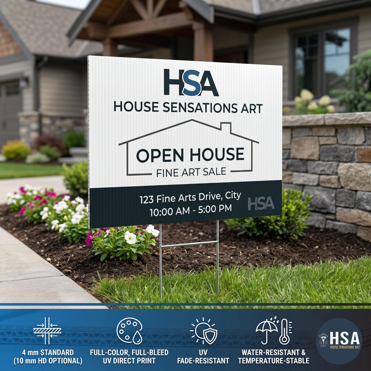 Custom yard sign on white coroplast for outdoor lawn sign advertising; bold 'YARD SIGN' headline, business yard sign with H-stake.