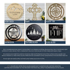 A product color chart for HouseSensationsArt displaying six different powder-coat finishes on various metal signs. The finishes shown are Ivory River, Ivory, Desert Tan, Satin Black, Textured Black, and Gloss Black. The bottom section includes text explaining that the items are handcrafted from American steel in Alabama and notes that minor variations in finish are a natural part of the handmade process.