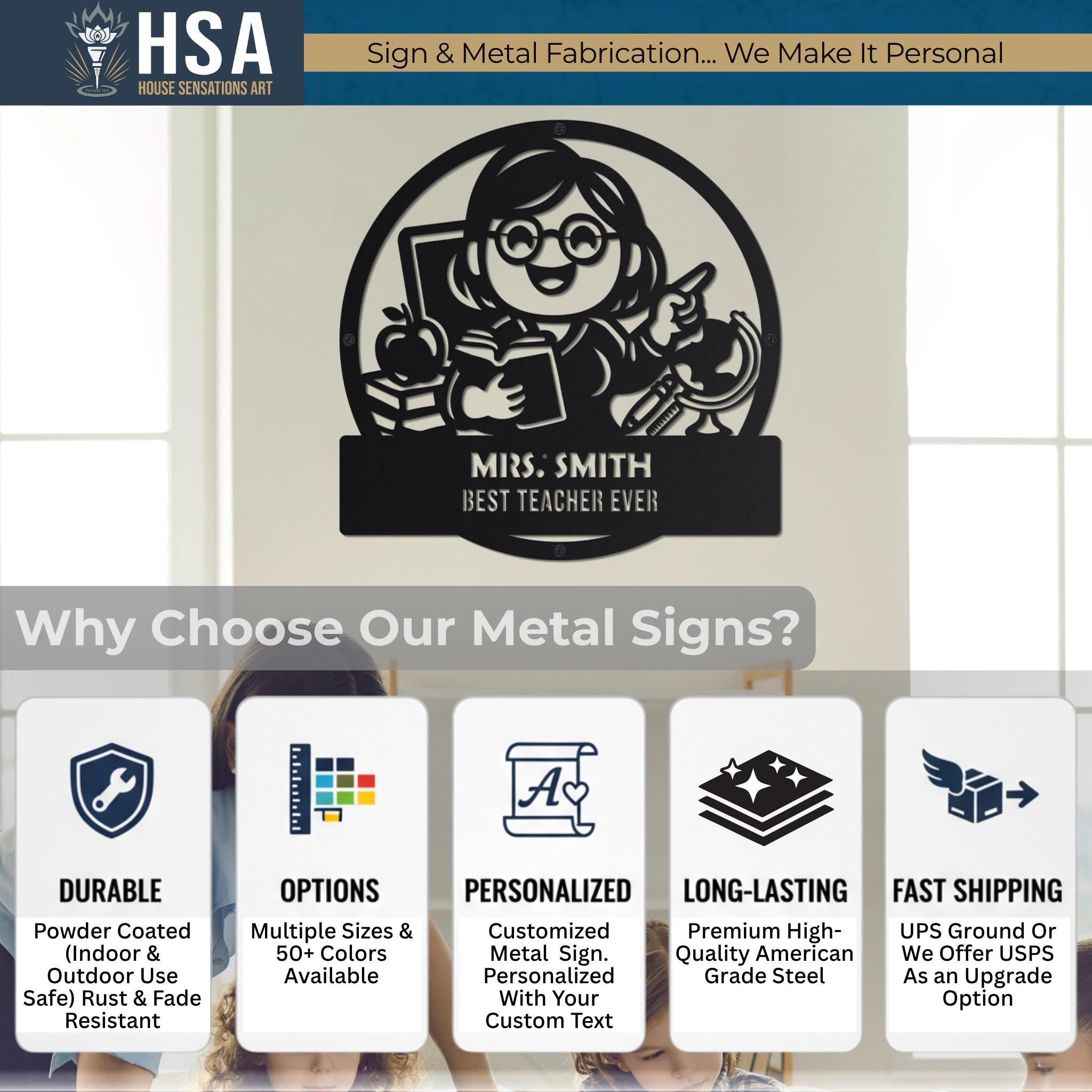 Why Choose Our Metal Signs? Our signs are Durable, featuring a powder-coated finish for indoor and outdoor use that is rust and fade resistant. We offer numerous Options with multiple sizes and over 50 colors available. Each piece is Personalized, allowing for a customized metal sign with your own custom text. They are Long-Lasting and crafted from premium high-quality American grade steel. Finally, we provide Fast Shipping via UPS Ground, with USPS available as an upgrade option.