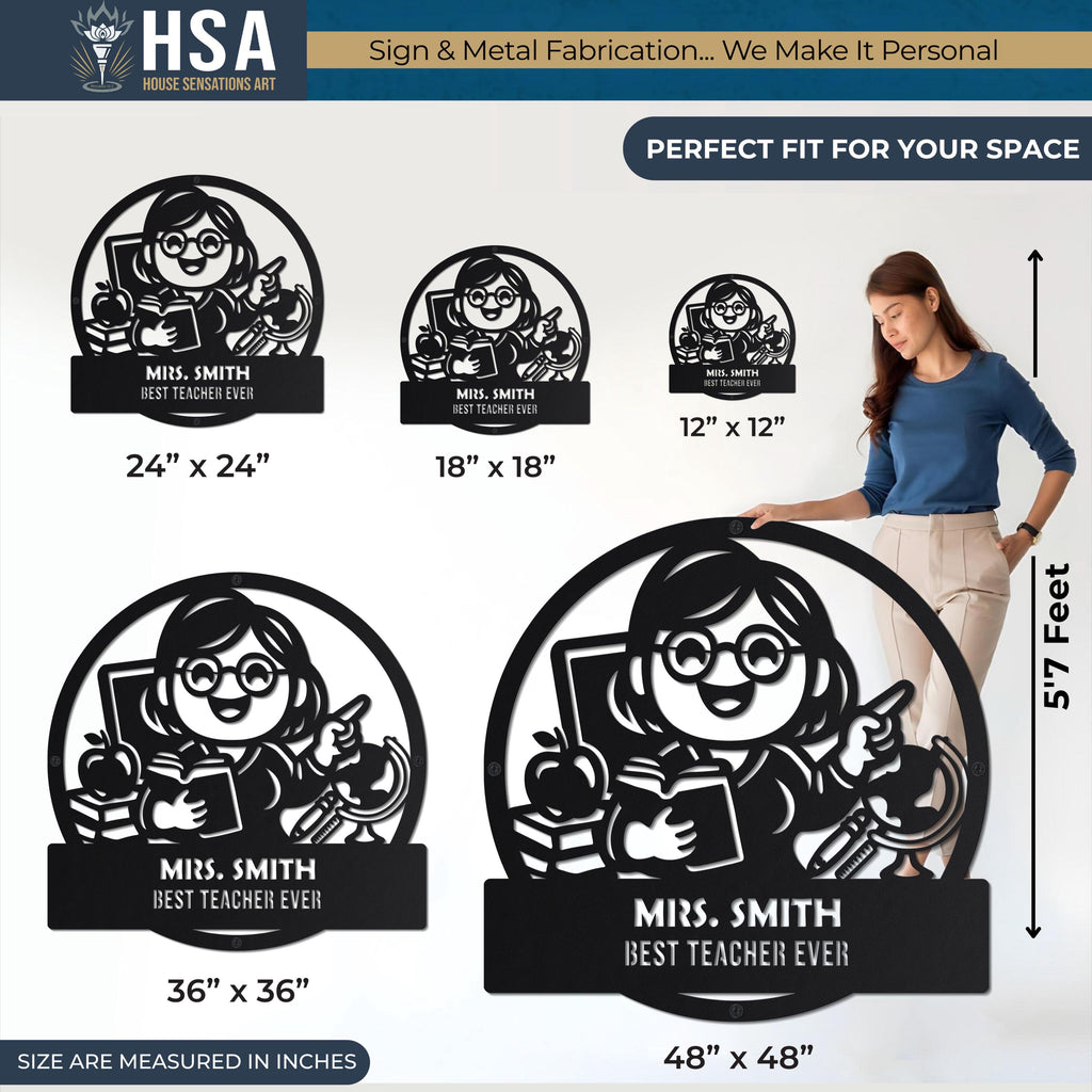 Personalized teacher metal name sign in black silhouette; cartoon teacher with books; gift for classroom wall art.