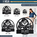 Personalized teacher metal name sign in black silhouette; cartoon teacher with books; gift for classroom wall art.