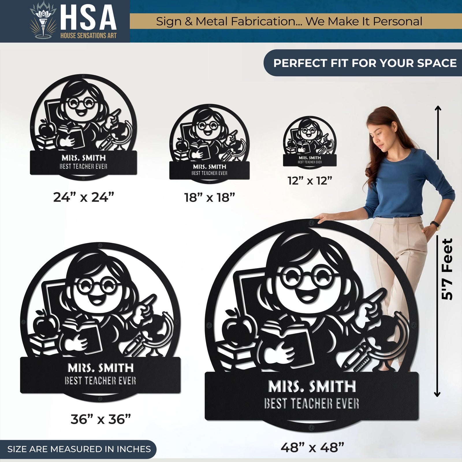 Personalized teacher metal name sign in black silhouette; cartoon teacher with books; gift for classroom wall art.