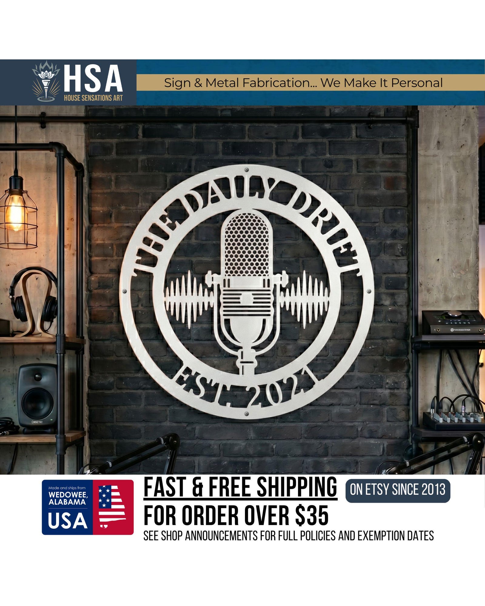 Personalized podcast mic metal sign, circular wall art with vintage mic and waveform for recording studio decor.